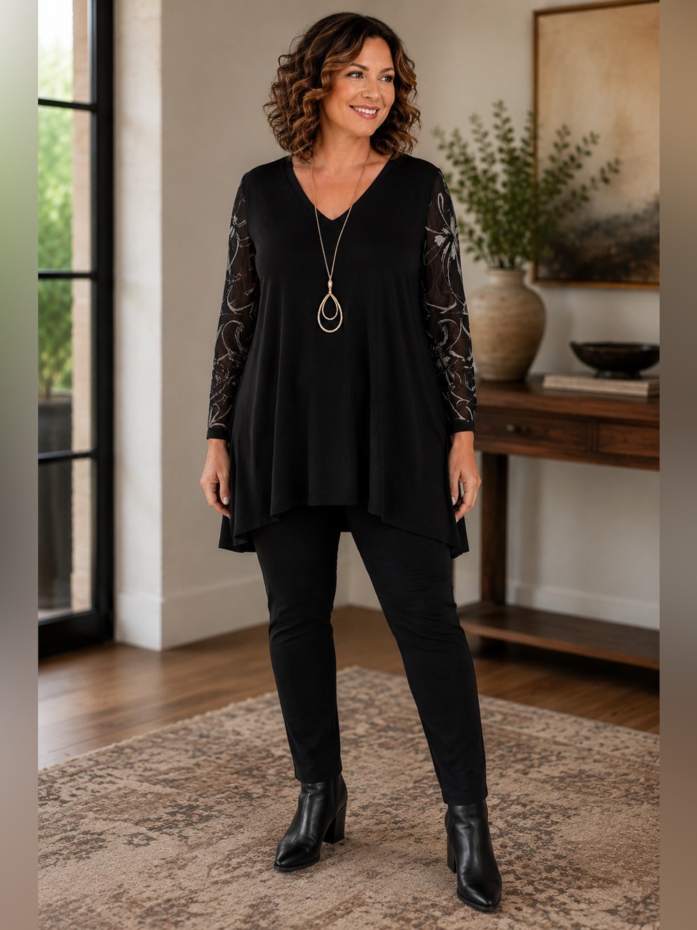 Flattering Laura Black V-Neck Tunic with Sheer Embroidered Sleeves
